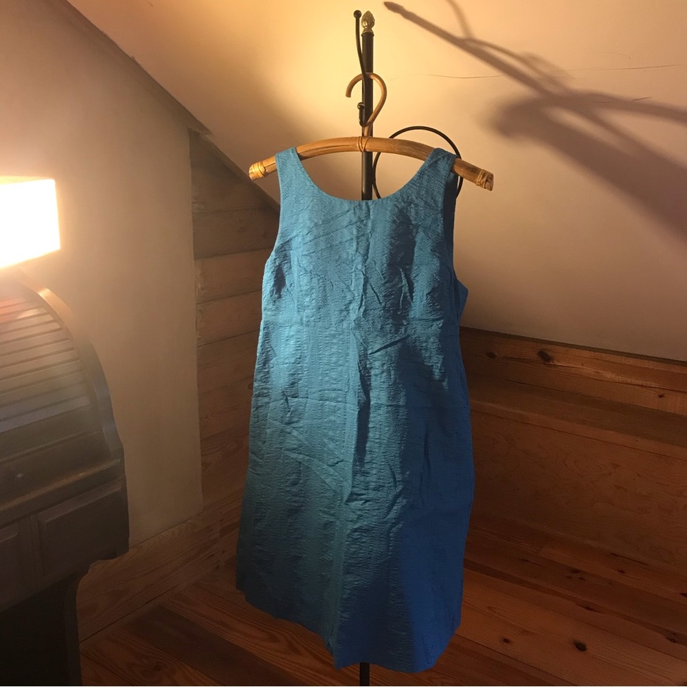 J. Crew Teal Seersucker Button Up Back Dress, EUC, 10P